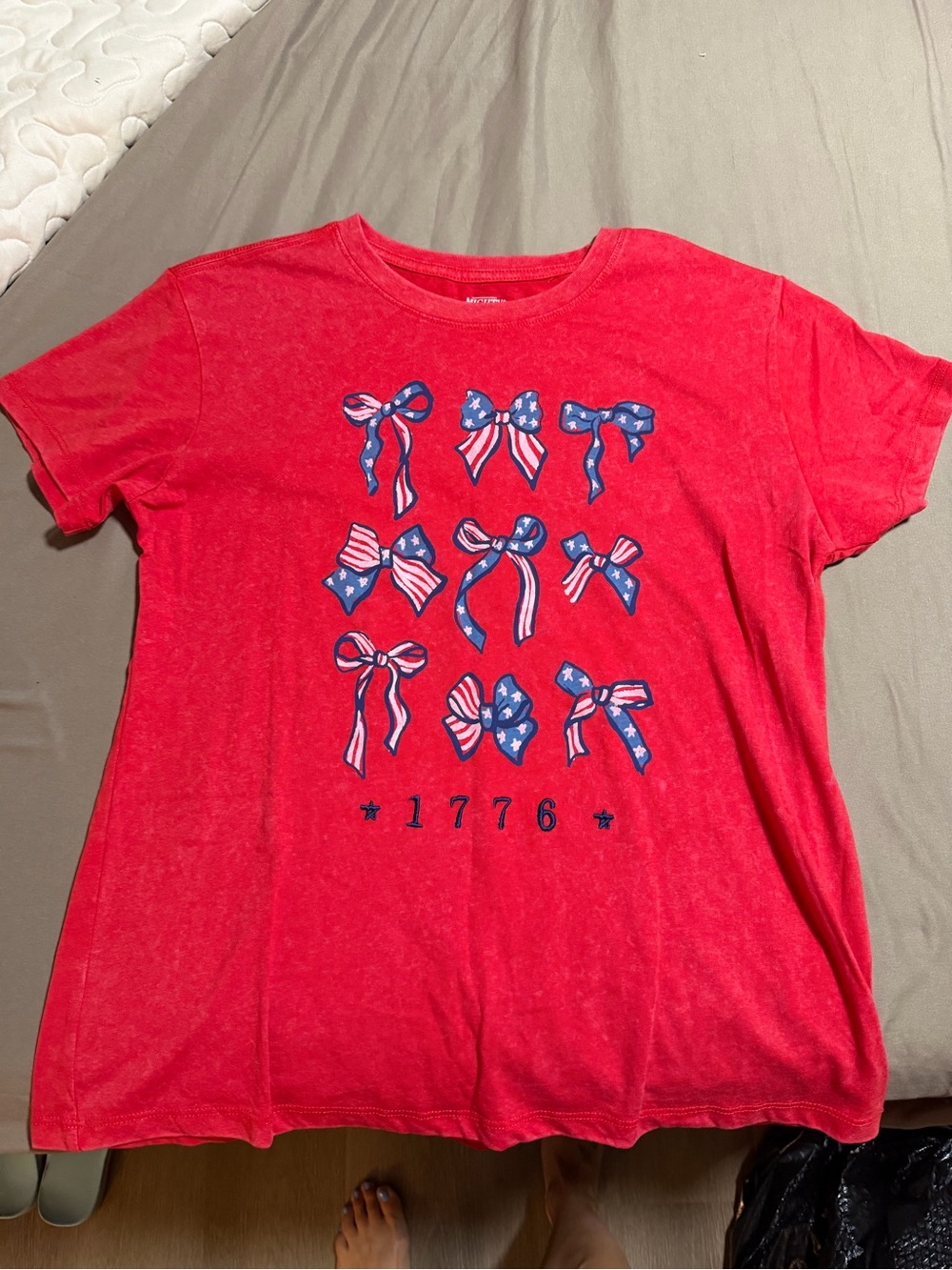 Mighty Fine Red Tee with Blue Patriotic Bow Graphics